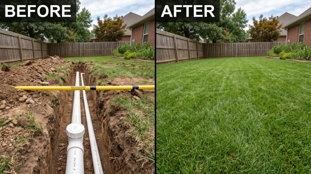 Plumber clearing and replacing garden drain and outdoor drainage system during handyman service in McAllen, Edinburg, Pharr, and Mission