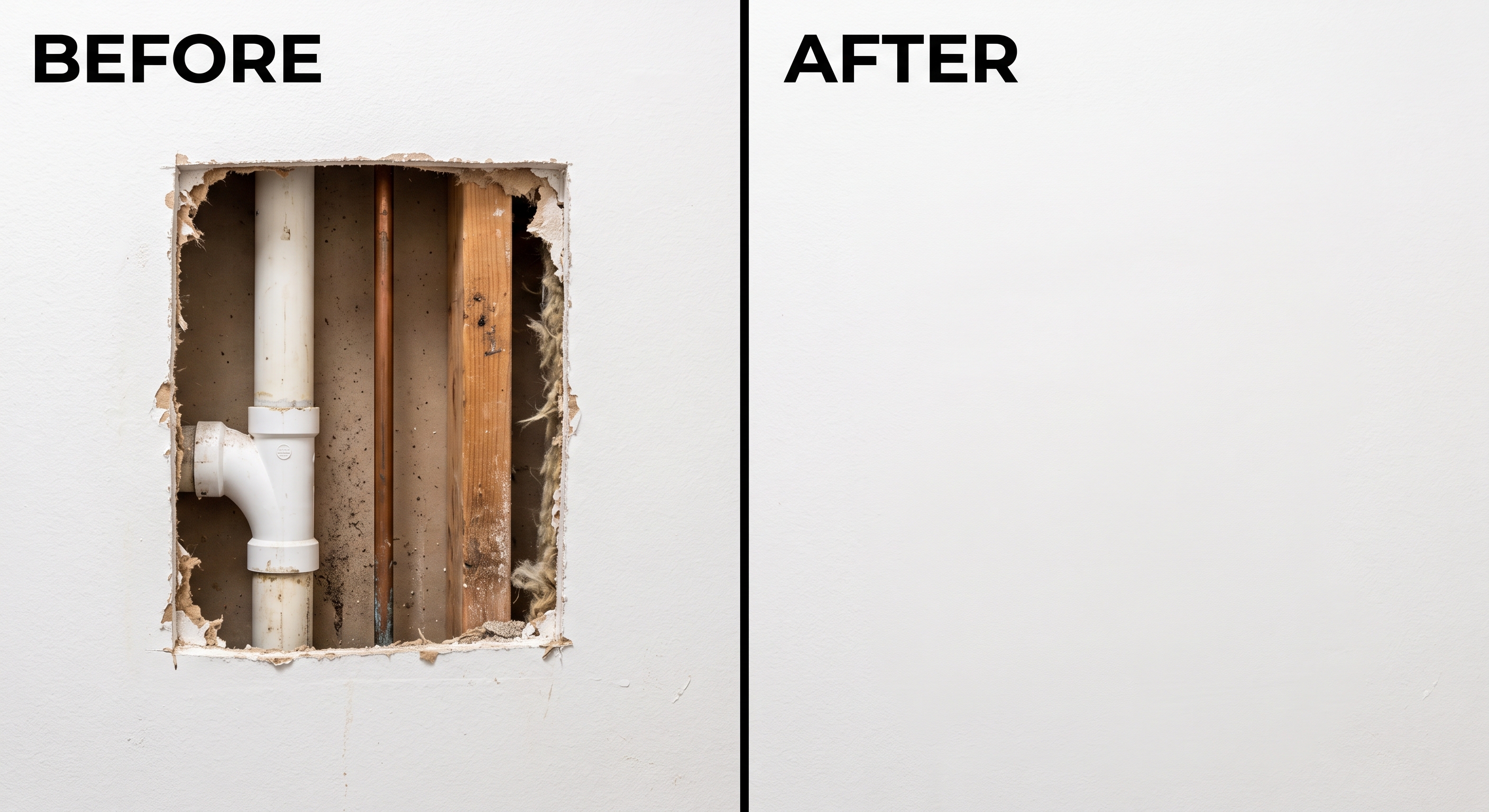 Plumber repairing water pipe leak and fixing drywall damage during home repair service