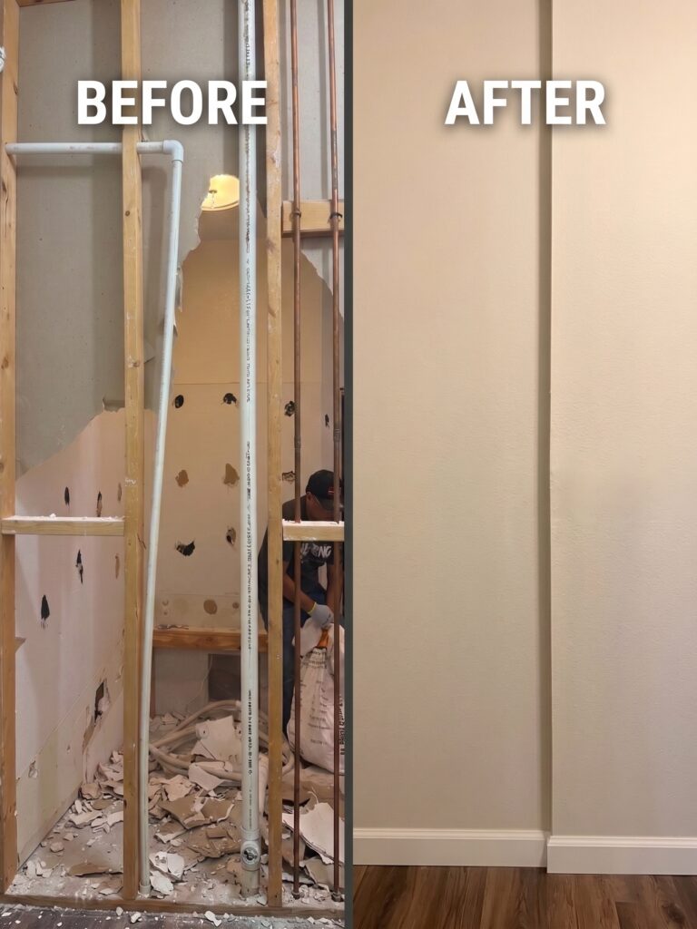 Plumber repairing water supply lines and wall damage during home repair service