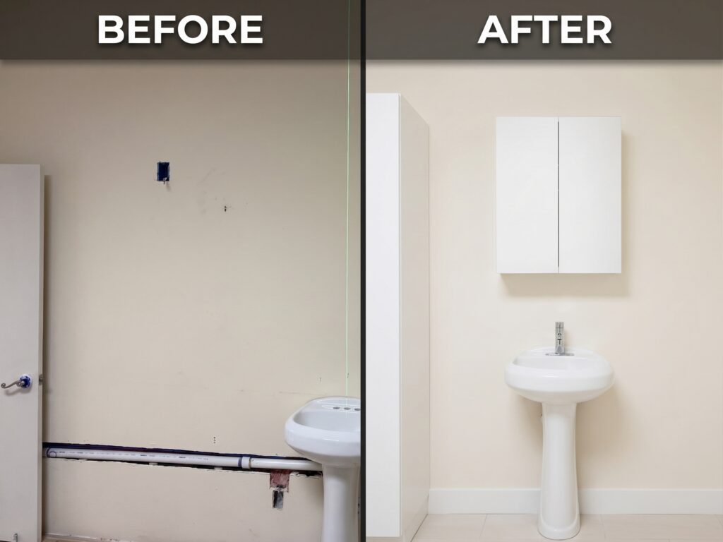 Before and after bathroom vanity and sink cabinet installation during home remodeling service in McAllen, Edinburg, Pharr, and Mission